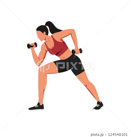 Athletic woman performing strength training with dumbbells in a flat vector illustration Athletic woman performing strength training with dumbbells in a flat vector illustration 124548101