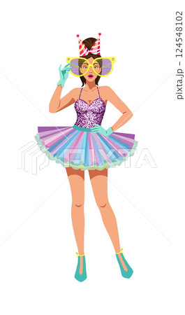 Colorful party girl in a sparkling outfit wearing oversized glasses, flat vector art 124548102