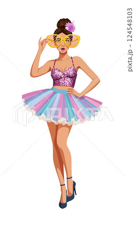 Stylish young woman in colorful tutu and oversized glasses, playful pose, flat vector art 124548103