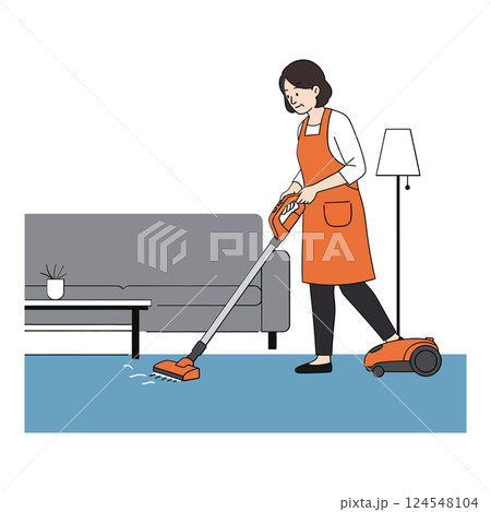 Woman in orange apron vacuuming a blue carpet in a modern living room vector illustration Woman in orange apron vacuuming a blue carpet in a modern living room vector illustration 124548104