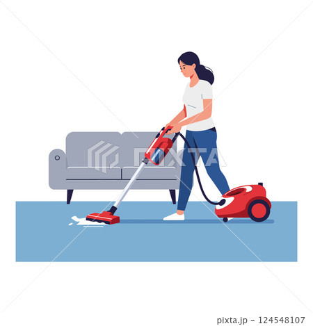 Woman vacuuming living room floor with red vacuum cleaner in flat vector illustration 124548107