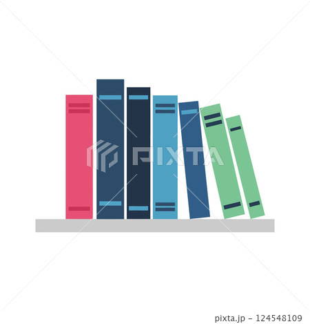 Colorful stacked books on a shelf in a minimal design style showcasing vector art 124548109