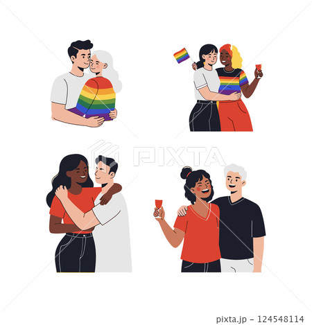 Couples celebrating love and diversity with rainbow colors in a minimal vector illustration 124548114