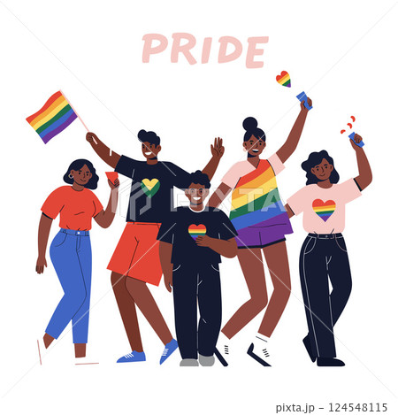 A diverse group of friends celebrating pride with colorful outfits and accessories in a flat vector illustration 124548115
