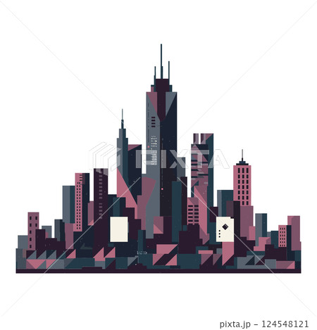 Urban skyline featuring modern skyscrapers in a flat design style showcasing dynamic geometric shapes and muted color tones in vector art Urban skyline featuring modern skyscrapers in a flat design style showcasing dynamic geometric shapes and muted color tones in vector art 124548121