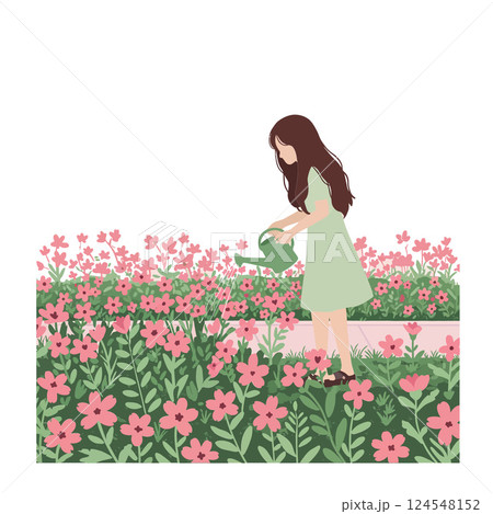 Young girl watering vibrant pink flowers in a lush garden, minimal vector illustration 124548152