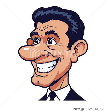 Cartoon-style illustration of a smiling man in a suit with exaggerated features and vibrant colors in vector art Cartoon-style illustration of a smiling man in a suit with exaggerated features and vibrant colors in vector art 124548157