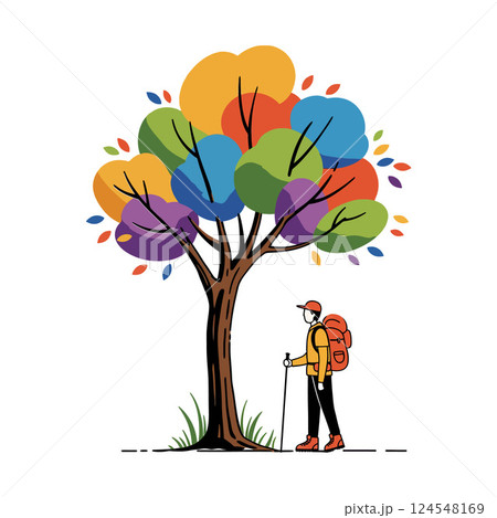 A hiker standing beside a colorful tree in a vibrant, flat design style vector illustration A hiker standing beside a colorful tree in a vibrant, flat design style vector illustration 124548169