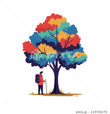 A hiker standing beneath a vibrant tree with colorful foliage in a flat vector illustration A hiker standing beneath a vibrant tree with colorful foliage in a flat vector illustration 124548170
