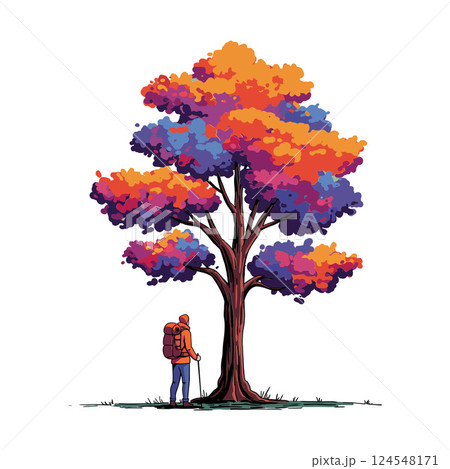 A hiker admiring a vibrant autumn tree in a colorful flat vector illustration A hiker admiring a vibrant autumn tree in a colorful flat vector illustration 124548171