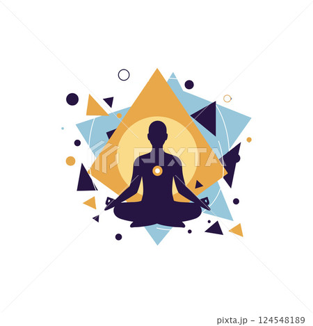 Meditating figure in lotus position surrounded by geometric shapes in flat design vector art Meditating figure in lotus position surrounded by geometric shapes in flat design vector art 124548189
