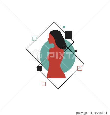 Silhouette of a woman in profile with geometric shapes and flat design elements in vector art 124548191