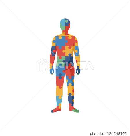 Human silhouette filled with colorful puzzle pieces in a flat design vector art 124548195