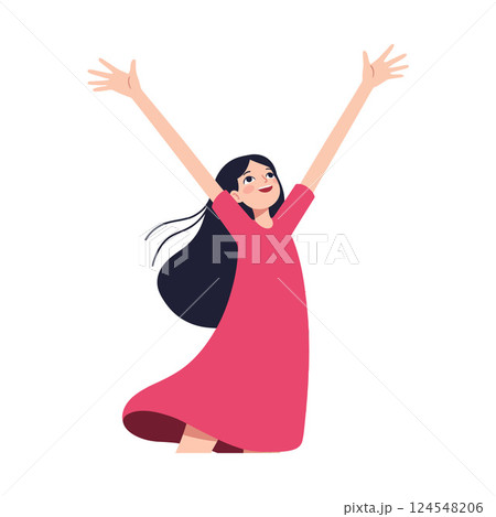 A joyful girl in a pink dress celebrating with raised arms in a cheerful flat vector illustration A joyful girl in a pink dress celebrating with raised arms in a cheerful flat vector illustration 124548206