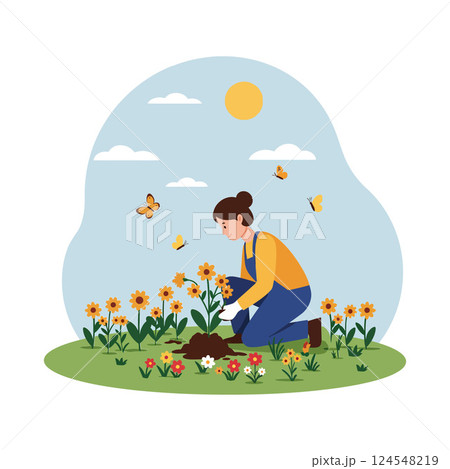 A woman gardening among vibrant flowers in a sunny landscape with butterflies, flat vector illustration A woman gardening among vibrant flowers in a sunny landscape with butterflies, flat vector illustration 124548219