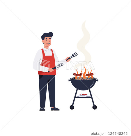 A cheerful man grilling meat over a barbecue in a flat vector illustration style A cheerful man grilling meat over a barbecue in a flat vector illustration style 124548243