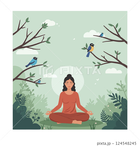 Woman meditating peacefully amidst lush greenery with colorful birds in a flat vector illustration 124548245