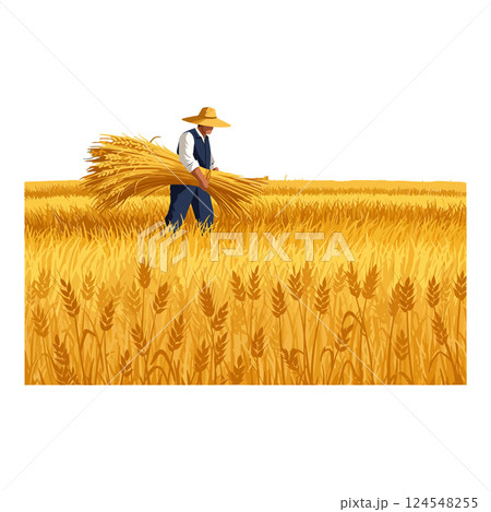 Farmer harvesting golden wheat in a sunlit field with a straw hat, flat vector illustration 124548255