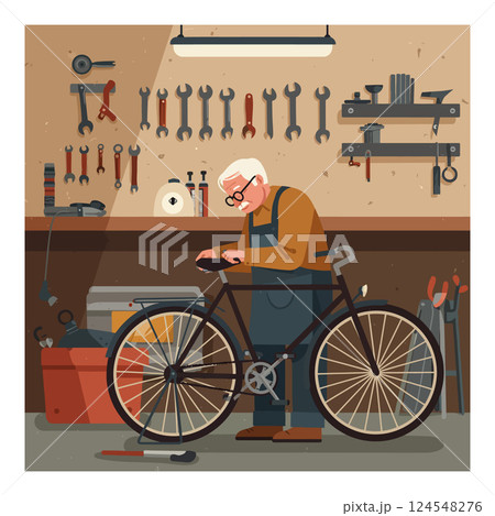 Elderly man repairing a bicycle in a well-equipped workshop with flat vector art 124548276