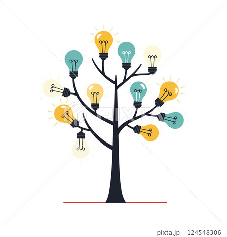 A creative tree design adorned with colorful light bulbs in a flat vector illustration A creative tree design adorned with colorful light bulbs in a flat vector illustration 124548306