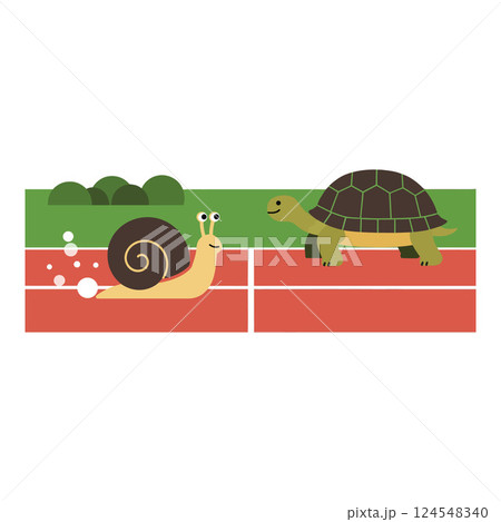 A friendly race between a cheerful snail and a determined turtle in flat vector art 124548340