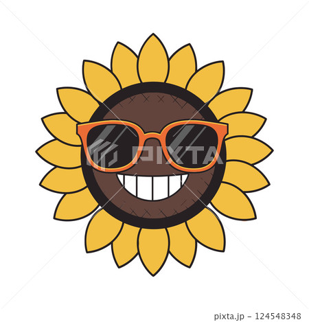 Happy sunflower wearing sunglasses in a cheerful and playful flat vector illustration Happy sunflower wearing sunglasses in a cheerful and playful flat vector illustration 124548348