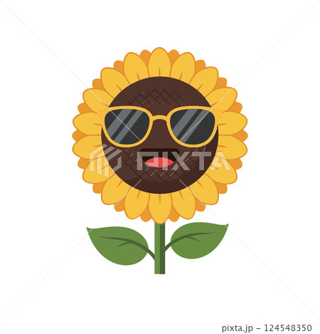 Happy sunflower character wearing sunglasses in a playful and colorful flat vector illustration Happy sunflower character wearing sunglasses in a playful and colorful flat vector illustration 124548350