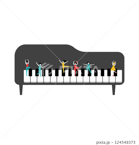 Colorful dancers joyfully performing on a grand piano in a flat vector illustration 124548373