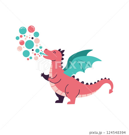 Playful pink dragon blowing colorful bubbles in a minimal flat vector illustration Playful pink dragon blowing colorful bubbles in a minimal flat vector illustration 124548394