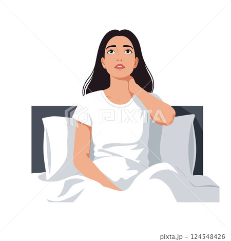 Woman sitting on a bed looking thoughtful in minimal vector illustration Woman sitting on a bed looking thoughtful in minimal vector illustration 124548426
