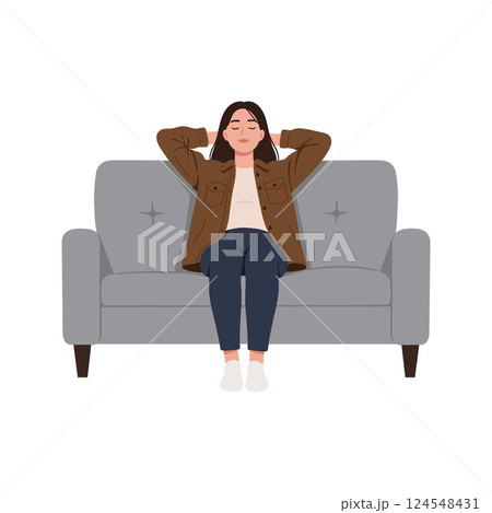 Relaxed woman sitting comfortably on a grey couch in a minimal vector illustration Relaxed woman sitting comfortably on a grey couch in a minimal vector illustration 124548431