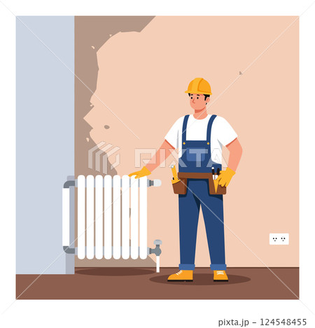 Skilled worker in yellow hard hat adjusting white radiator in minimal vector illustration Skilled worker in yellow hard hat adjusting white radiator in minimal vector illustration 124548455