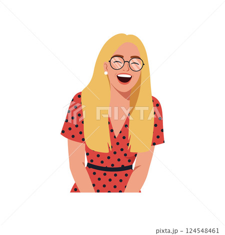 Cheerful young woman with blonde hair wearing a red polka dot dress in flat vector art 124548461