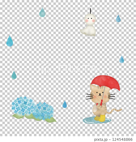 Illustration of the rainy season with a cat holding an umbrella Illustration of the rainy season with a cat holding an umbrella 124548866