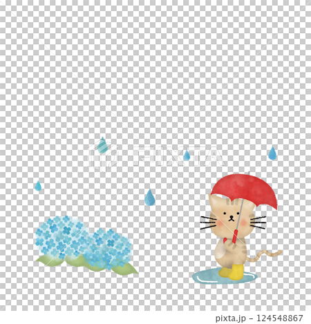 Illustration of the rainy season with a cat holding an umbrella Illustration of the rainy season with a cat holding an umbrella 124548867