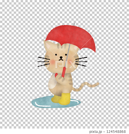 Illustration of the rainy season with a cat holding an umbrella 124548868