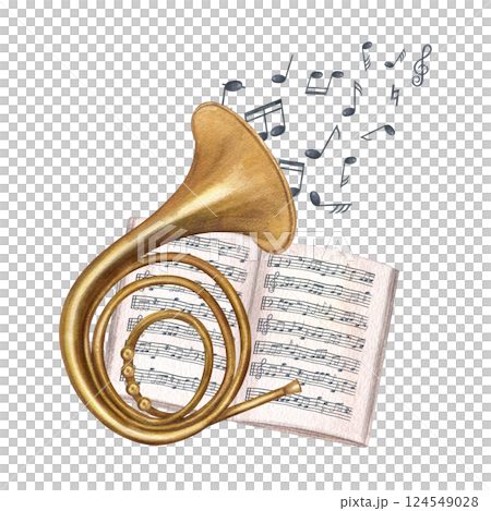 French horn on vintage music book and flying out of musical instrument watercolor illustration isolated background. Brass wind instrument for jazz posters, festival design, or educational material 124549028