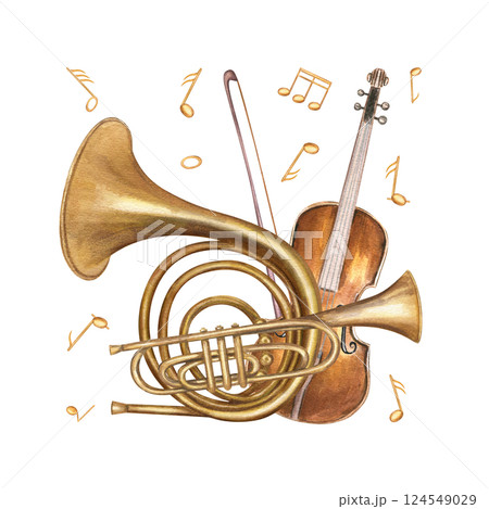 Violin with bow, trumpet, French horn and floating music notes watercolor illustration isolated background. Brass woodwind and string instruments for musical education, poster, greeting card Violin with bow, trumpet, French horn and floating music notes watercolor illustration isolated background. Brass woodwind and string instruments for musical education, poster, greeting card 124549029