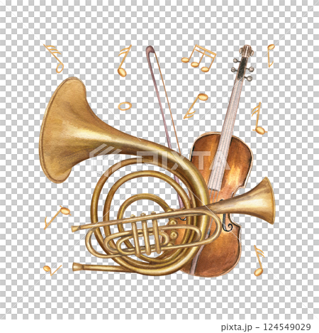 Violin with bow, trumpet, French horn and floating music notes watercolor illustration isolated background. Brass woodwind and string instruments for musical education, poster, greeting card Violin with bow, trumpet, French horn and floating music notes watercolor illustration isolated background. Brass woodwind and string instruments for musical education, poster, greeting card 124549029