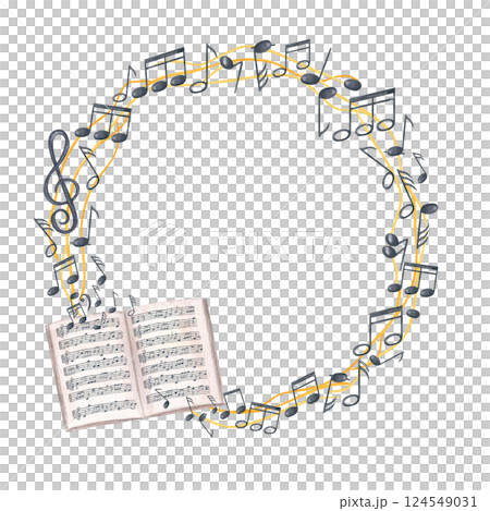 Watercolor black musical notes on yellow stave and open music notebook wreath with copy space for text. Sound symbols on graphic staff and composer book isolated background. For greeting card, label. Watercolor black musical notes on yellow stave and open music notebook wreath with copy space for text. Sound symbols on graphic staff and composer book isolated background. For greeting card, label. 124549031