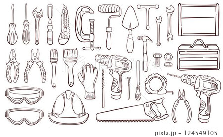 Construction tools set in line art style. Doodle design of wrench, brush, handsaw, hammer and nails. Screw, nut and bolt. Tape measure, screwdriver, goggles, saw, pliers isolated on white background. 124549105