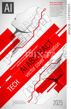 A futuristic abstract cover design showcasing artificial intelligence and technology. The artwork features a human head silhouette filled with digital circuits and geometric elements. 124549425