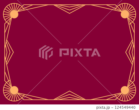 Geometric frame of gold lines on a burgundy background. Linear border. Linear design of geometric frame with space for text, invitations, flyers and greeting cards. Vector illustration 124549440