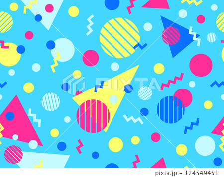 Geometric seamless pattern with memphis elements in 80s style. Colorful geometric pattern. Design of promotional products, wrapping paper and printing. Vector illustration 124549451