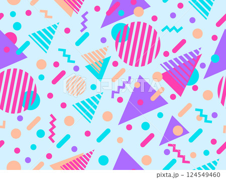 Geometric seamless pattern with memphis elements in 80s style. Colorful geometric pattern. Design of promotional products, wrapping paper and printing. Vector illustration 124549460