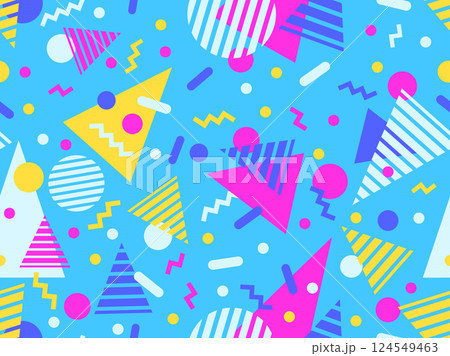 Geometric seamless pattern with memphis elements in 80s style. Colorful geometric pattern. Design of promotional products, wrapping paper and printing. Vector illustration 124549463