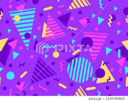 Geometric seamless pattern with memphis elements in 80s style. Colorful geometric pattern. Design of promotional products, wrapping paper and printing. Vector illustration 124549465