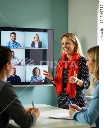 Caucasian female leading virtual meeting with diverse colleagues in modern office Caucasian female leading virtual meeting with diverse colleagues in modern office 124549717