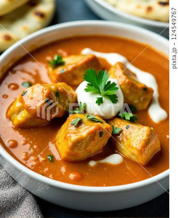 Creamy indian butter chicken curry with fresh herbs and naan bread 124549767