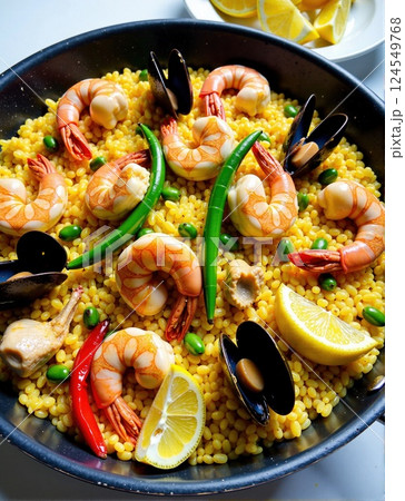 Delicious seafood paella with prawns, mussels, and lemon slices in a pan 124549768